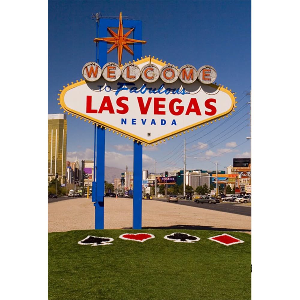 YongFoto 3x5ft Photography Backdrop Welcome to Las Vegas Grass Sign Post Grassy Lawn City Landmark Telegraph Pole Street Photo Background Photographic Backdrops Party Kids Baby Photo Studio Props
