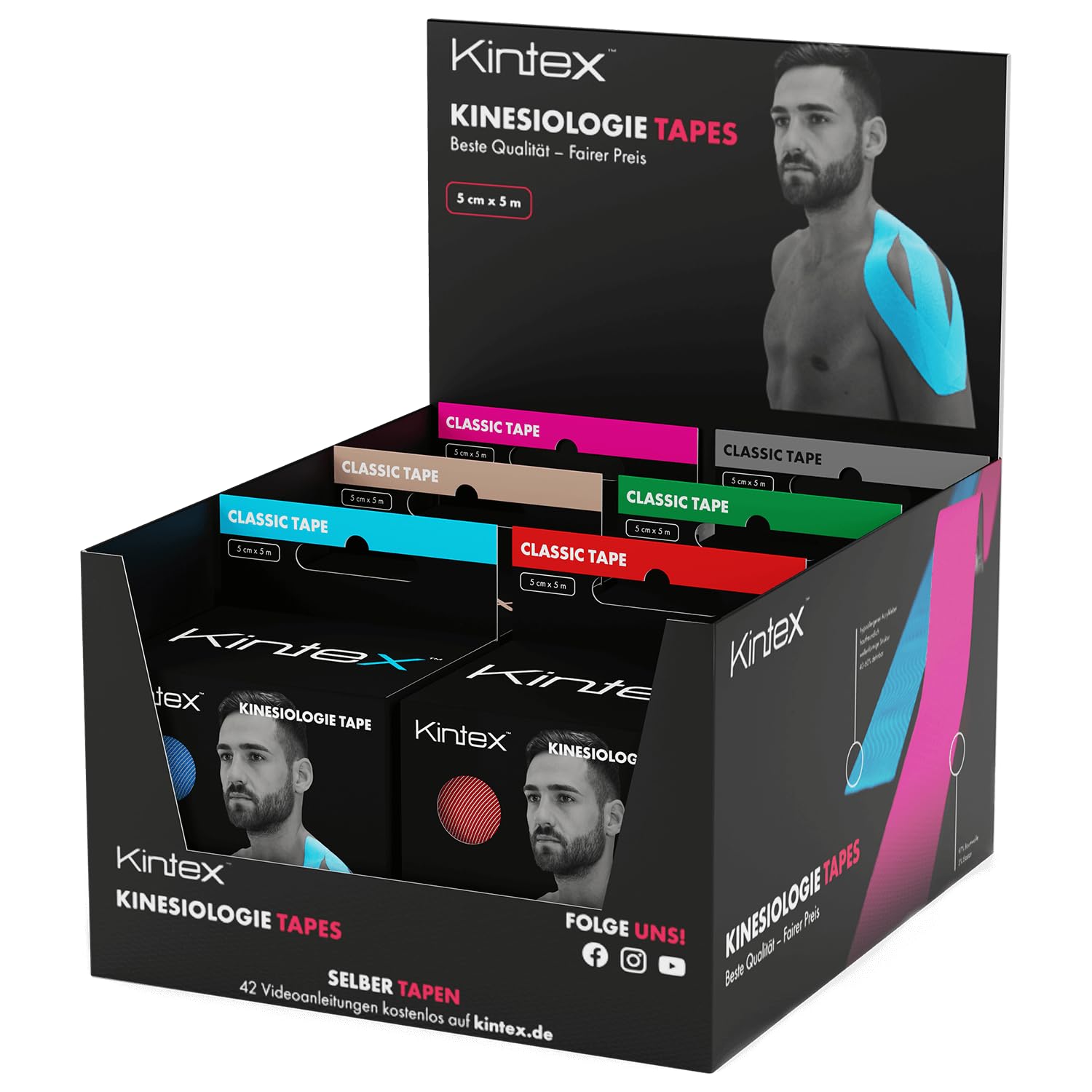 Kintex Classic Kinesiology Tape - Self-Adhesive, Elastic, Waterproof and Anti-Allergic - Sports and Kinesiotape for Use in Sports Injuries - 6 Rolls of 5 cm x 5 m