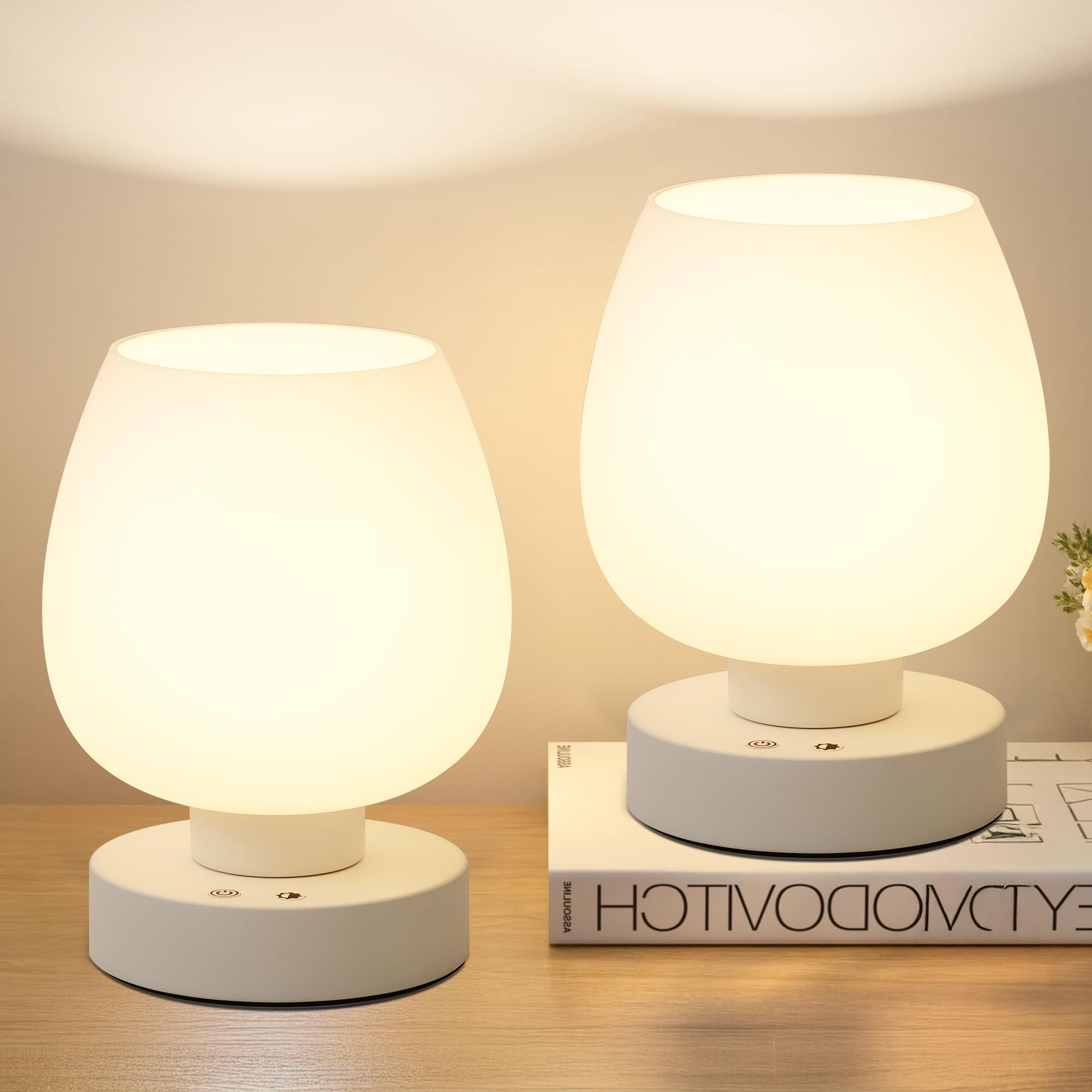 Photo 1 of ***MAJOR DAMAGE*** Cordless Touch Bedside Table Lamp set of 2 - Rechargeable Modern Small Table Lamp with White Glass Lamp Shade, Stepless Dimmable & 8 RGB Colors & Memory, Desk Lamp for Nursery Bedroom Nightstand
