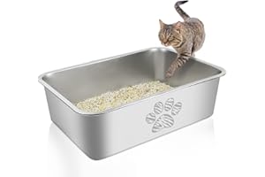 PWTAA Stainless Steel Cat Litter Box High Side Cats Toilet Metal Kitten Litter Pan, Pet Cleaning Tool for Cats, Rabbits, Splash-Proof and Non-Stick Tabby Paw Cat Poop Box odorless 23.6"x15.7"x7.9"
