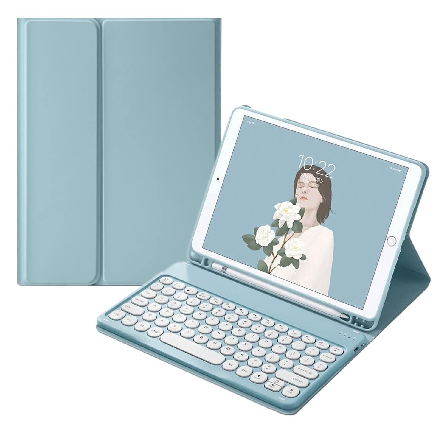 HENGHUI Keyboard Case for Galaxy Tab S6 Lite 10.4'' 2024/2022/2020 Cute Round Key Wireless Detachable BT Color Keyboard Cover with Pencil Holder (MistyBlue)