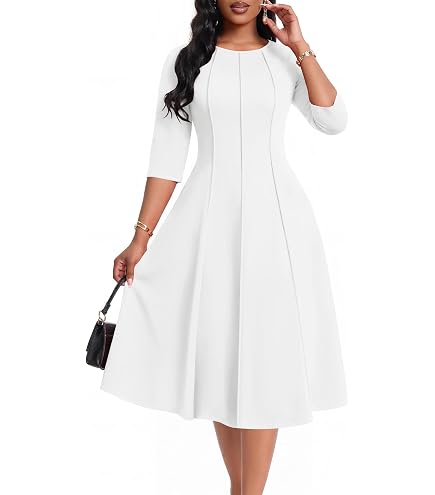 FANDEE Women's Church Midi Dress, 3/4 Sleeve A-Line Fit and Flare Work Dresses with Pockets at Amazon Women's Clothing store