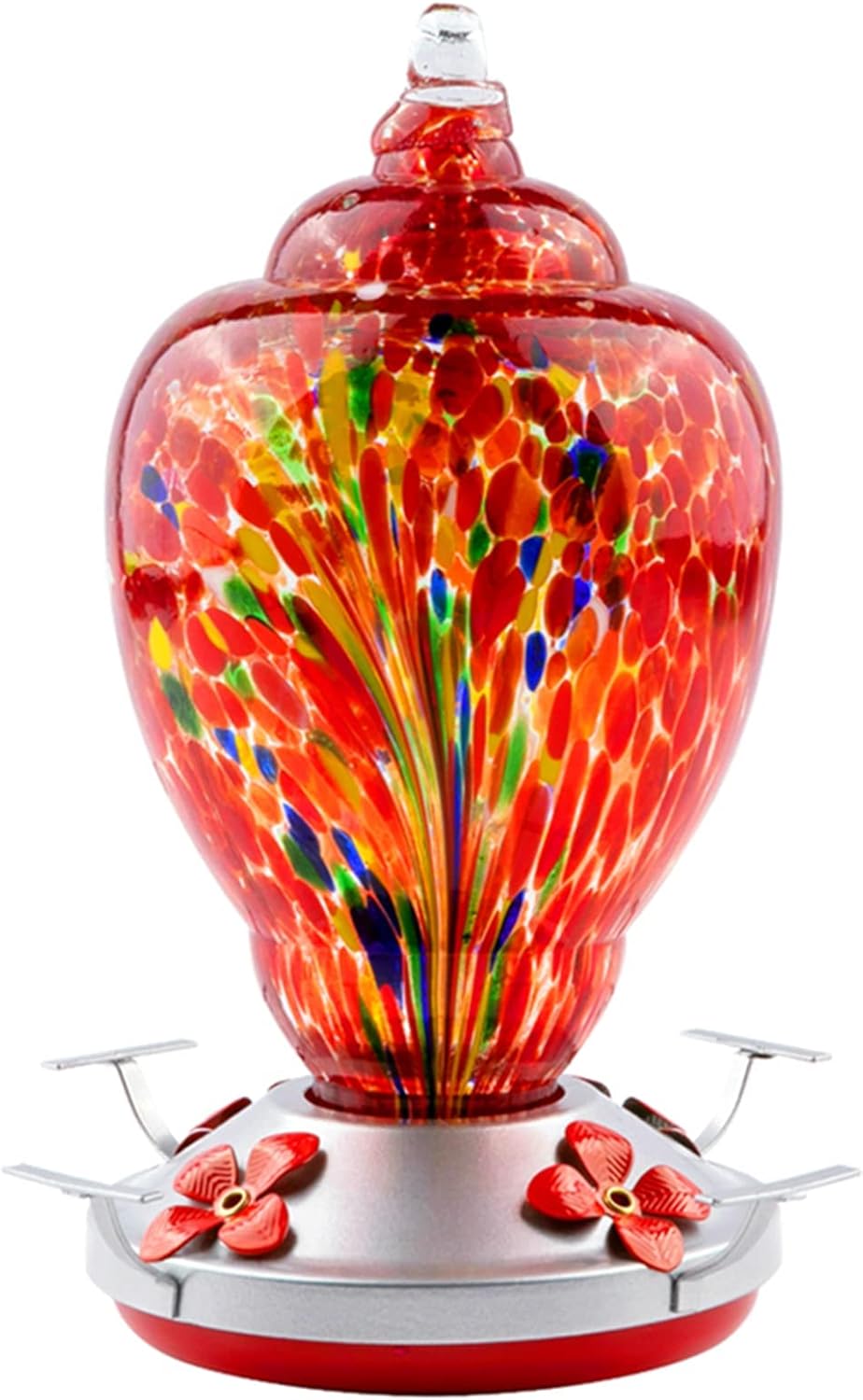 Backyard Birding & Wildlife - WOSIBO Hummingbird Feeder for Outdoors Patio Large 32 Ounces Colorful Hand Blown Glass Hummingbird Feeder with Ant Moat Hanging Hook, Rope, Brush and Service Card (RED-Firework)