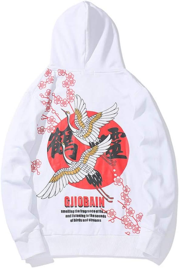 Style Cherry Blossom With Crane Print Pullover Hoodies Hip Hop Harajuku Hoodies Casual Streetwear Tops