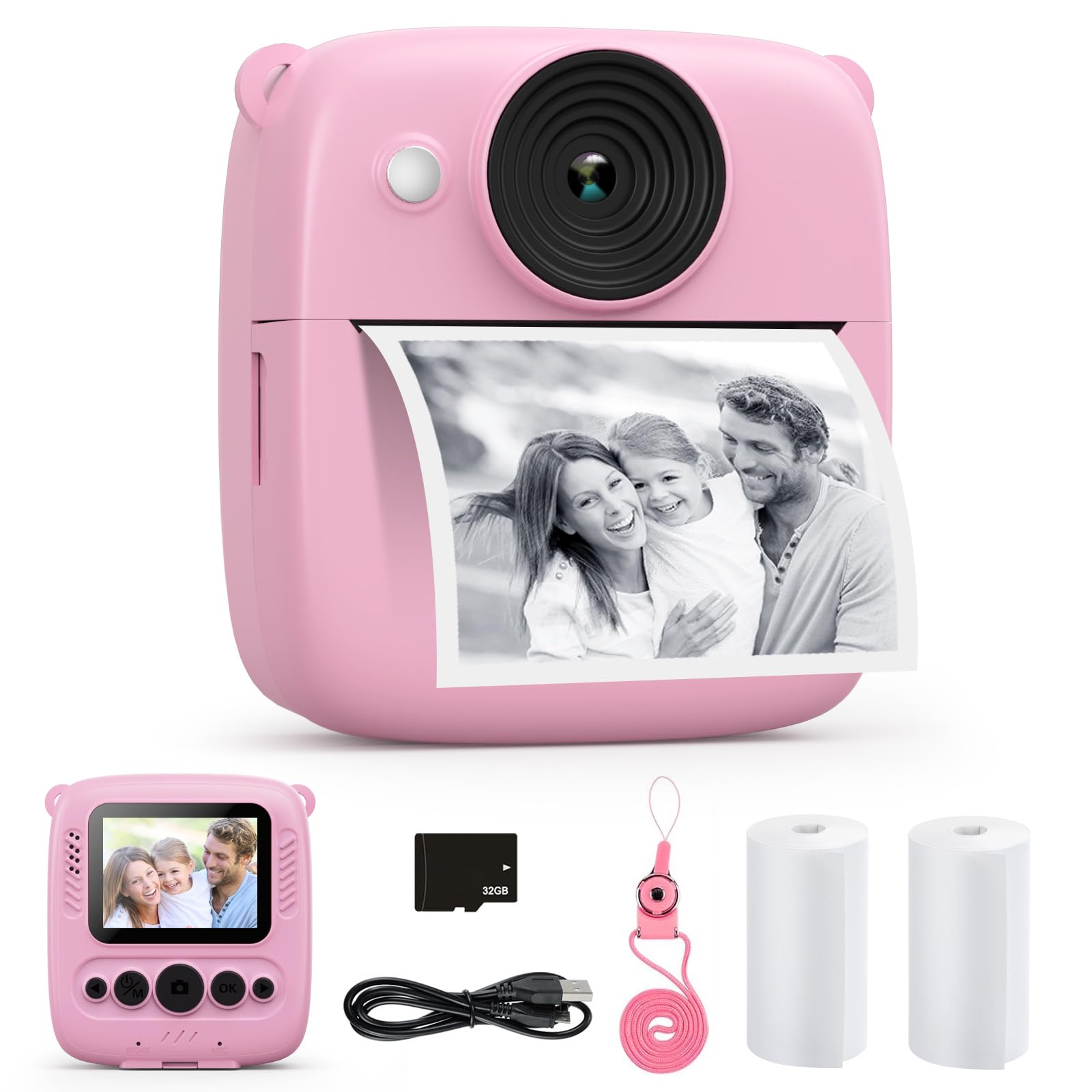 CalineGam Kids Camera Instant Print, 48MP & 2.0" Instant Camera for Kids with 32GB Card & Photo Paper, Christmas Birthday Gifts for Age 3-12 Girls Boys (Pink)
