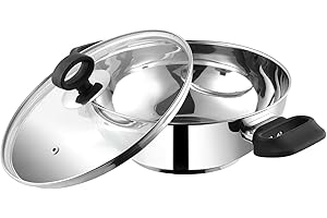 Vinod Stainless Steel Deluxe Kadai with Glass Lid – 18cm 1.3 Qt | SAS Heavy Bottom | Induction Compatible Wok | Soft Grip Han