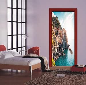 Pegatinas En La Puerta Del Paisaje De La Ciudad Costera Porche De La