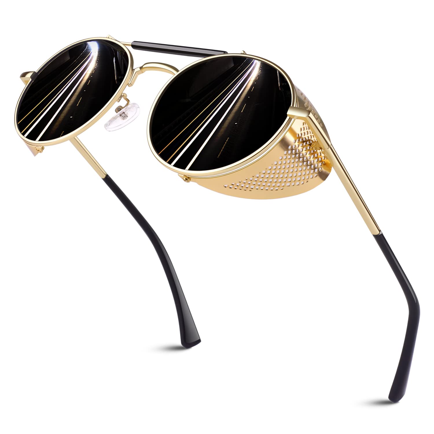 Sunier Retro Round Polarised Steampunk Sunglasses Side Shield Goggles Gothic Sun Glasses with 100% UV400 Protection