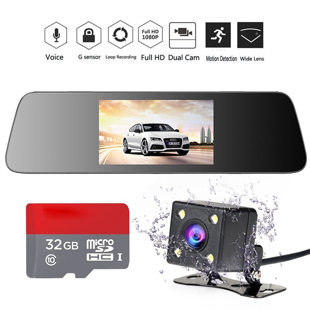 INRIGOROUS HD Mirror Cam 4.3" 1080P Rearview Mirror Dual Lens Dash Cam in Car Camera Night vision Vehicle Camera with Rear Camera and 32GB Memory Card