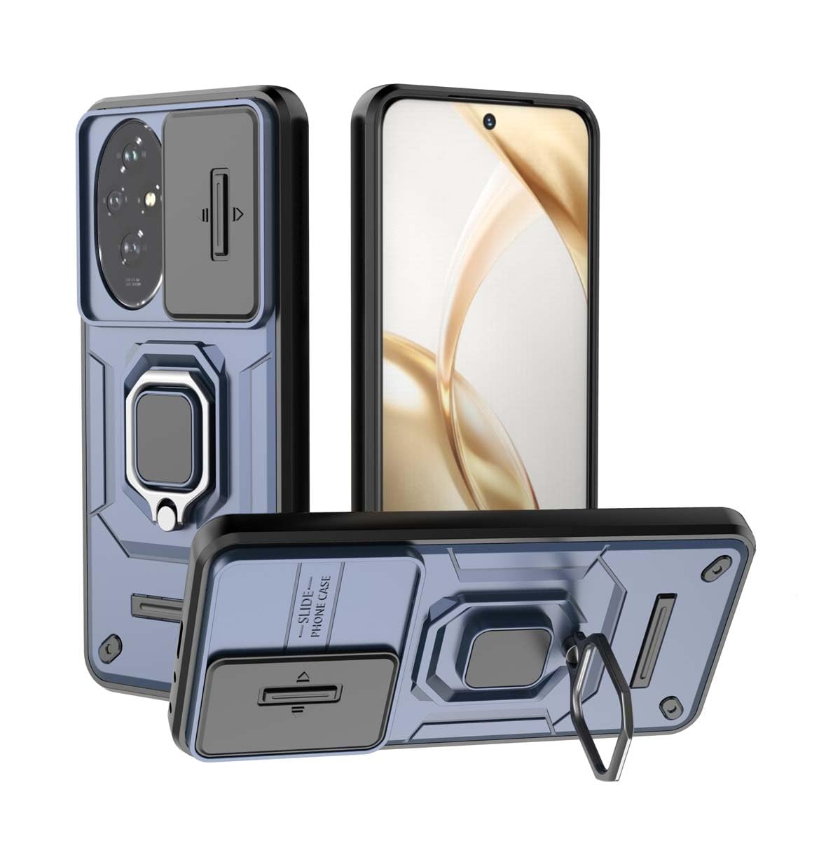 PEIYE Case for Honor 200, Soft Silicone & Hard PC Armor Cover with 360° Rotating Metal Ring & Slide Cover for Lens Protection (Blue)