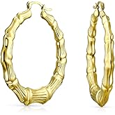Fashion Statement Light Weight Hollow Big Large Bamboo Hoop Earrings For Women Teen 18K Gold Plated Brass 1 in 1.75 in 2 Inch Diameter