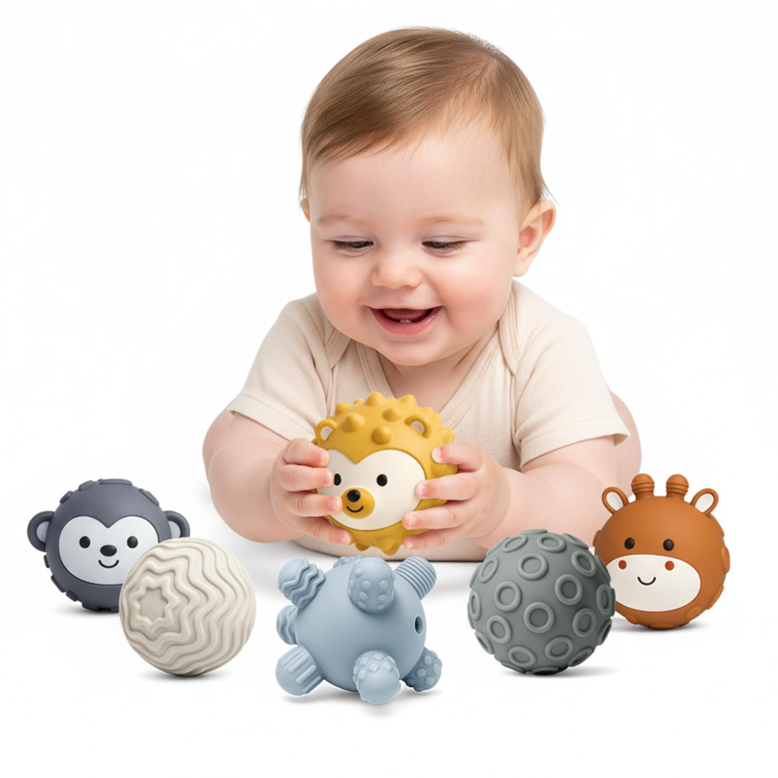 ROHSCE 6-Pack Baby Sensory Balls, Textured & Animal Face Toddler Balls, BPA-Free Soft Teething Toys, Montessori Developmental Toys for Babies 6-12 Months, Christmas Gift for Infant Image