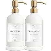 Vine Creations White Glass Soap Dispenser, 2 Pack Kitchen Soap Dispenser Set with Stainless Steel Pump, 16 oz Dish Soap and Hand Soap Dispensers for Bathroom with Waterproof Labels