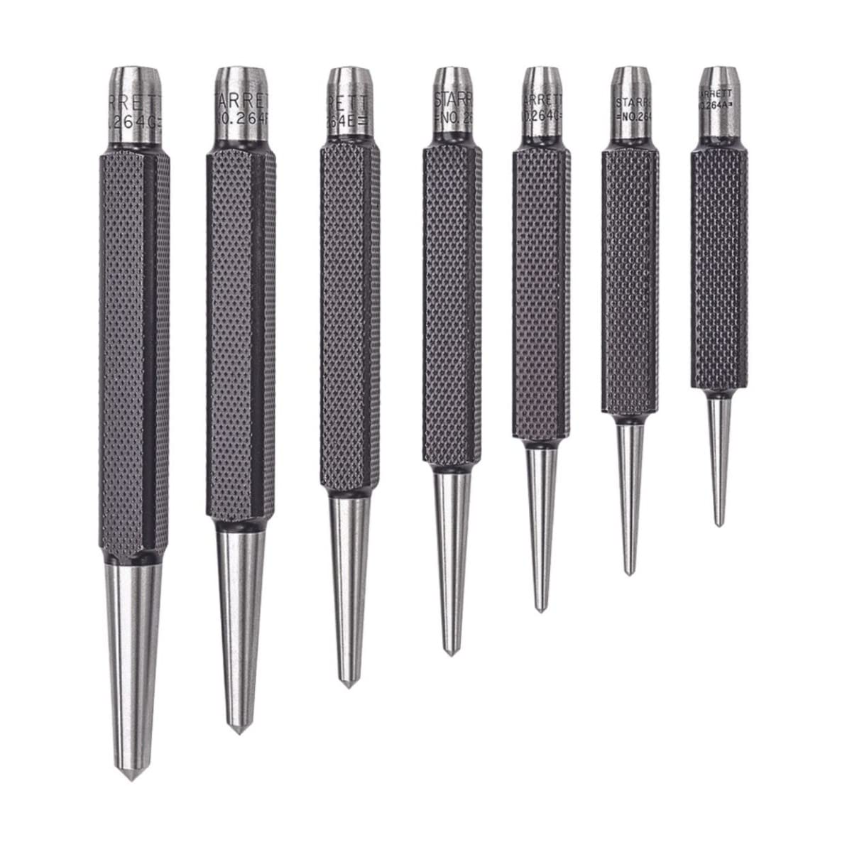 Starrett S264WB Set Of 7 Centre Punches, 1/16"-1/4" Tapered Point Diameters, In Round Plastic Case