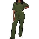 Ulovmi 2 Piece Sets for Women Summer Short Sleeve Tops Wide Leg Pants Lounge Matching Sets Airport Travel Outfits