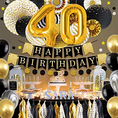 NICROLANDEE-40th-Birthday-Decorations-Balloon-Banner-Glitter-Happy-Birthday-Banner-Black-and-Gold-Paper-Lantern-Paper-Fan-Paper-Tissue-Tassel-for-Birthday-Anniversary-Decor-Party-Supplies-40th