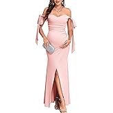 CYCLAMEN Maternity Dress Off Shoulder Ruched Ribbed Knit Gown with Adjustable Bow Tie Straps & Slit for Baby Shower