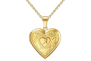 KunBead Gold Open Heart Picture Locket Pendant Necklace Letter A-Z Initial Photo Locket Necklaces for Picture-Stainless Steel