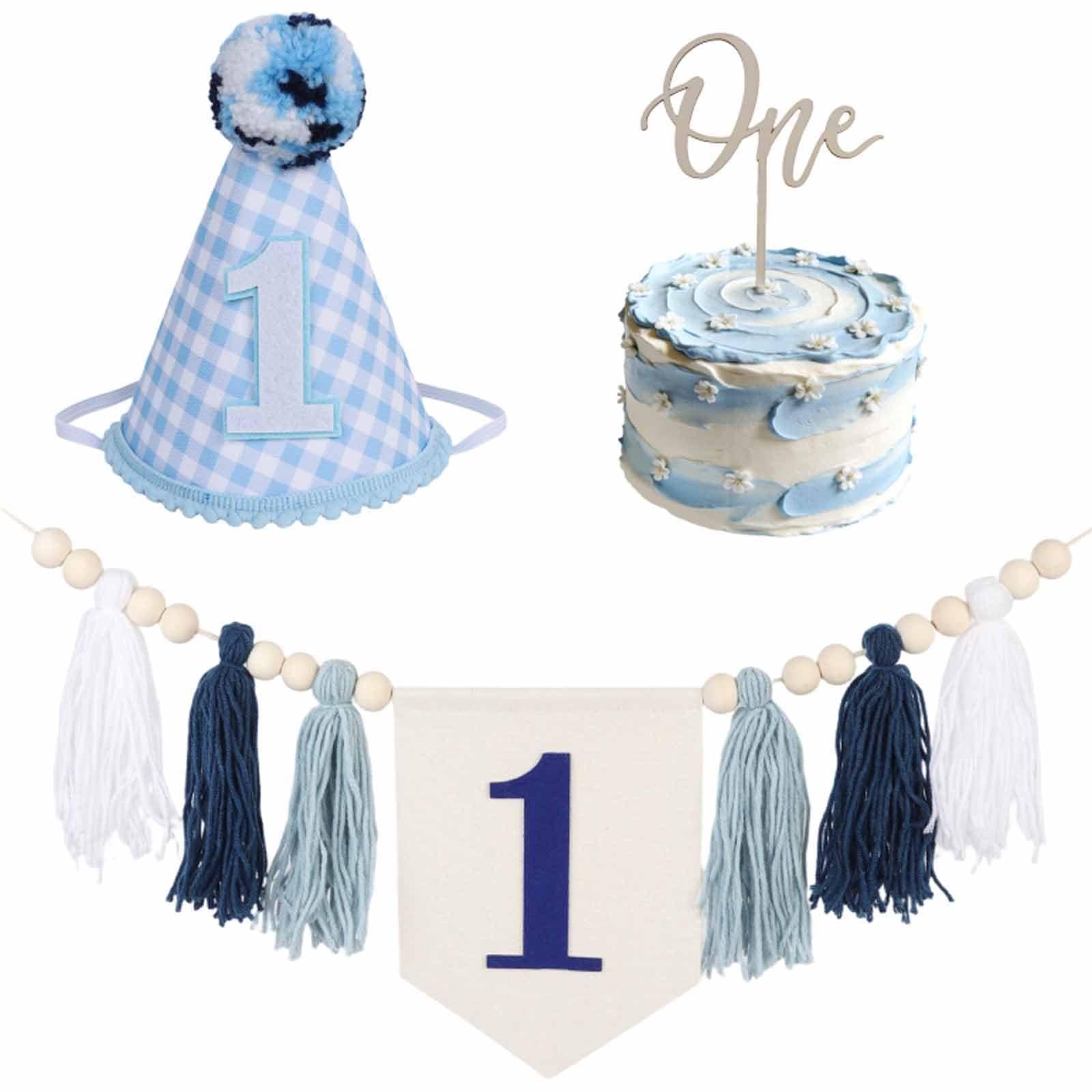 1th Birthday Decorations Highchiar Banner for Boys Girls - Blue One Hat With Cake Topper - 1th Birthday High Chiar Banner for Phote Backdrop Party Decor (Size11)