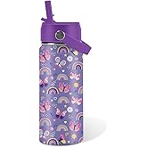 Butterfly Gifts - 16oz Purple Kids Water Bottle with Straw Lid, Stainless Steel Insulated Tumbler, Leakproof, BPA-Free, for Girls, School, Travel - Butterfly Rainbow Themed Birthday Gift Cup (1pc)