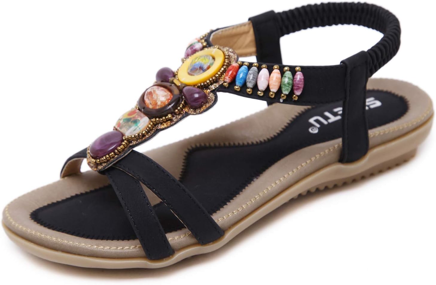 ZAPZEALWomen's Flat Sandals Ladies Bohemian Beaded Strap Shoes Diamante Rhinestone Toe Post Sandals for Ladies