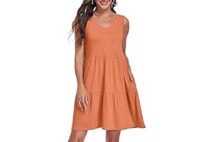 CHICALLURE Womens Summer Dress Casual Sundress V Neck Sleeveless Tiered Swing Tank Dresses with Pockets（S,XL