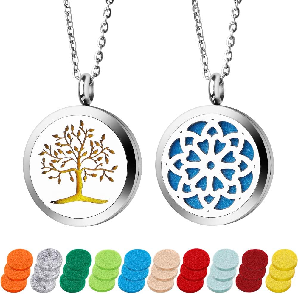 Essential Oil Diffuser Necklace 2PCS Perfume Necklace Aromatherapy Diffuser Locket Pendant Set with 24 Inches Adjustable Chain and 30 Refill Pads