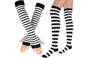 Song Qing Women's Rainbow Striped Socks Knitted Stretch Knee High Stockings Long Arm Warmer Fingerless Mitten Gloves Set