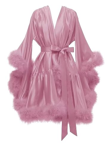 silk dressing gown with fur trim Boudoir Fur Trim Bell Sleeved Satin Robe