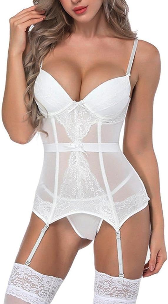 Fashion Women Bustier Corset Sexy Girdle Waist Cincher Bodydoll with Garter and G-String Ladies Sexy Sleeveless Lace Lingerie Set Deep Temptation Nightwear Clubwear