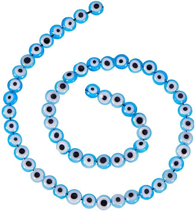 NBEADS 1 Strand (About 71pcs) 6mm Light Sky Blue Flat Round Evil Eye Handmade Glass Lampwork Beads Charms Spacer Beads for Bracelets Necklace Jewelry Making