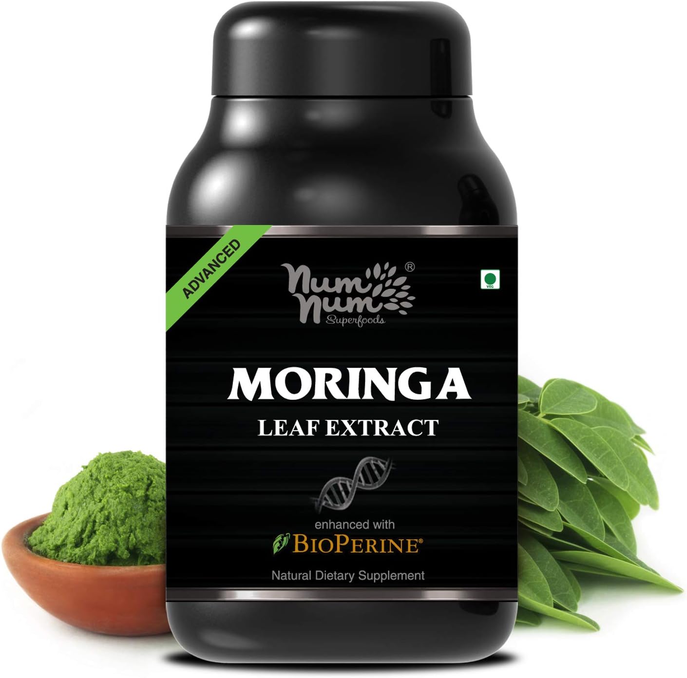 NUM NUM SUPERFOODS Moringa Oleifera Leaf Extract A Potent Natural Thrombolytic Agent Tamilnadu Country Breed Enhanced with Bioperine, 60 Veg Capsules