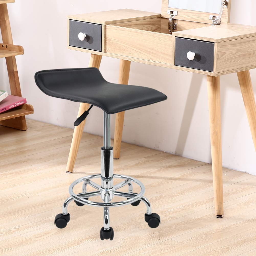 KKTONER Square Height Adjustable Rolling Stool with Foot Rest PU Leather Seat Cushion Medical Spa Drafting Salon Tattoo Work Swivel Office Stools Task Chair Black: Beauty