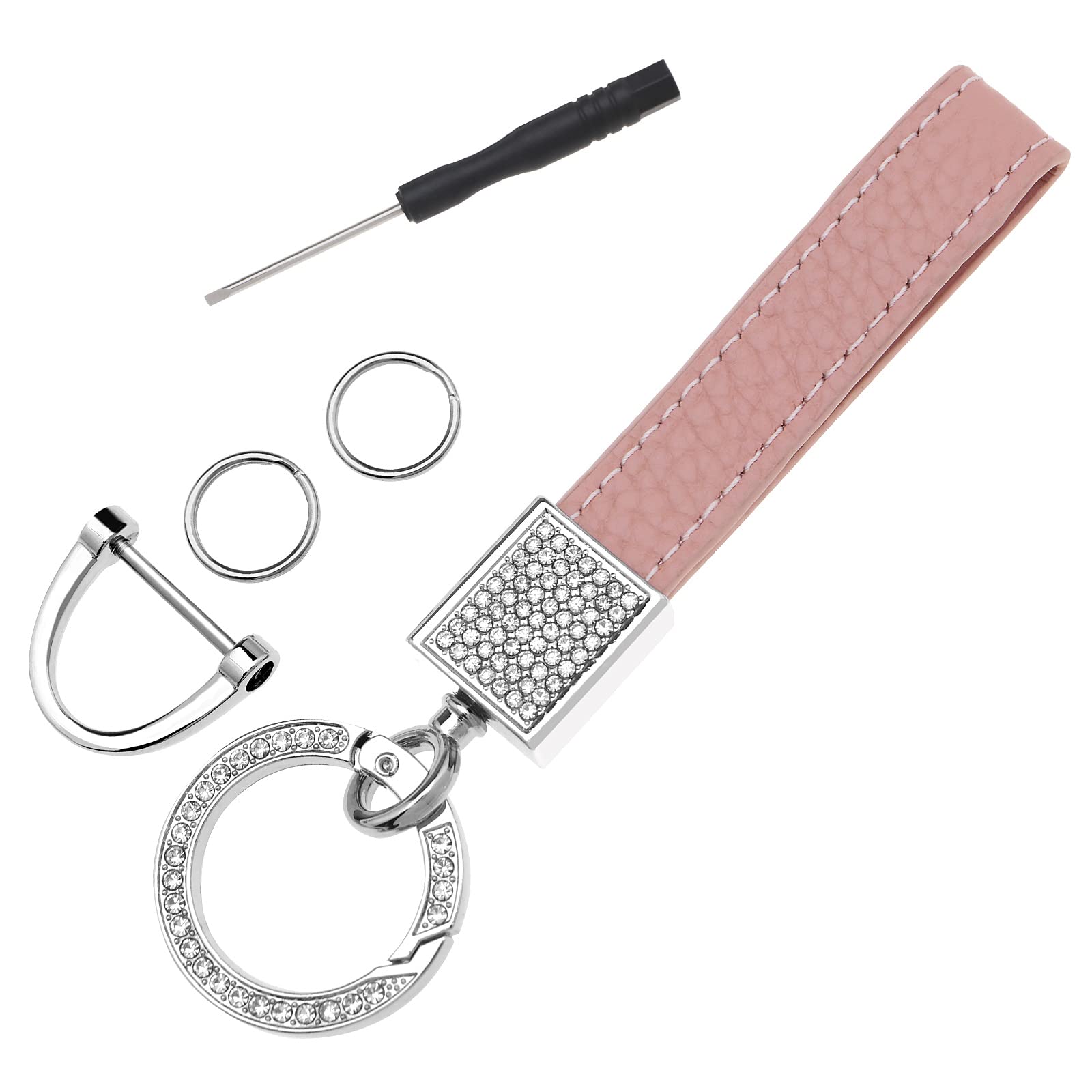 OTOTEC Leather Car Keychain with Glitter Rhinestones Universal Key Fob Keychain with Keyrings and Screwdriver Car Accessories for Women Pink