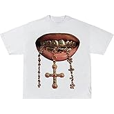 RoseSeek Women's Lip Graphic Oversized Tee Crew Neck Short Sleeve Drop Shoulder Hip Hop Shirts Streetwear