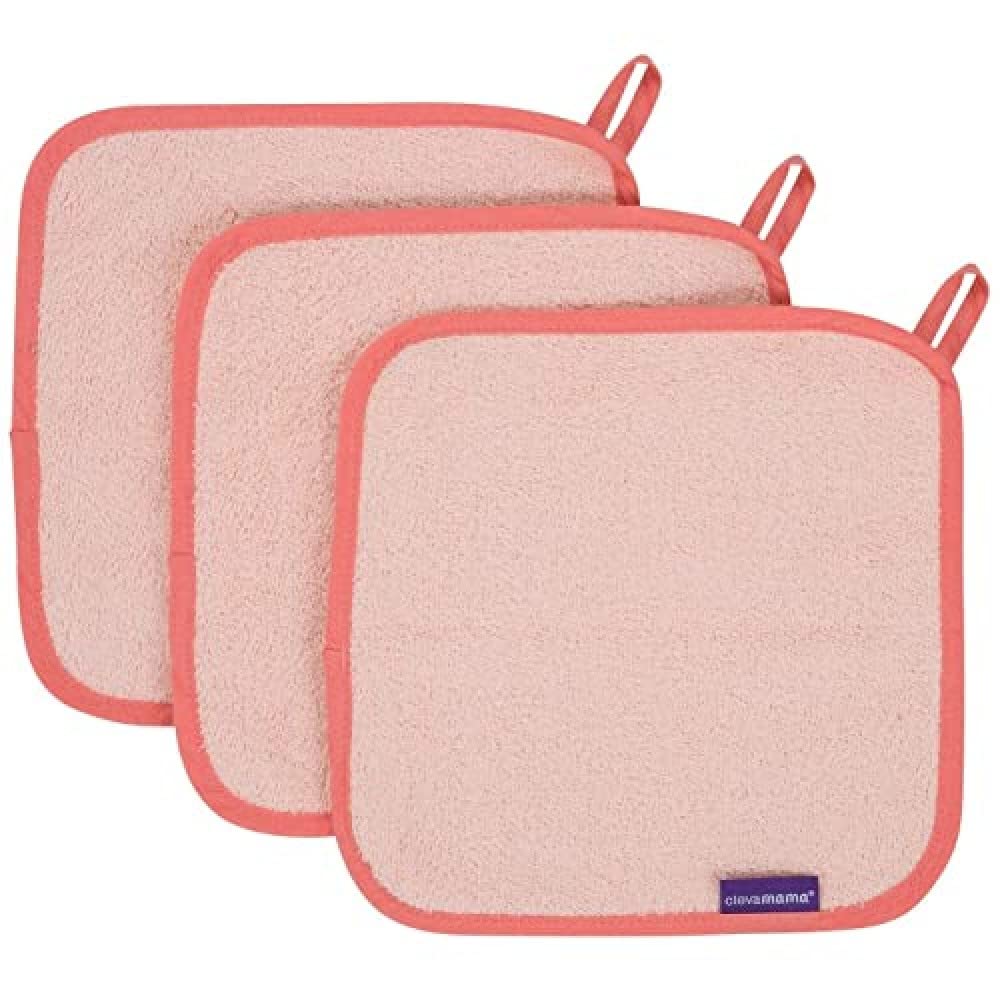 ClevaMama Baby and Newborn Wash Cloth in Set (3pack), Ultra-Soft and Absorbent Bamboo and Cotton Made - Coral, 25x25 cm