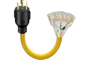 LAZMUMI 30 Amp to 110 Outdoor Generator Adapter Power Cord, 3 Prong Locking 30 Amp to 15 Amp Generator Cord, NEMA L5-30P Male to 3X 5-20R Female with Lighted End, 1.5FT