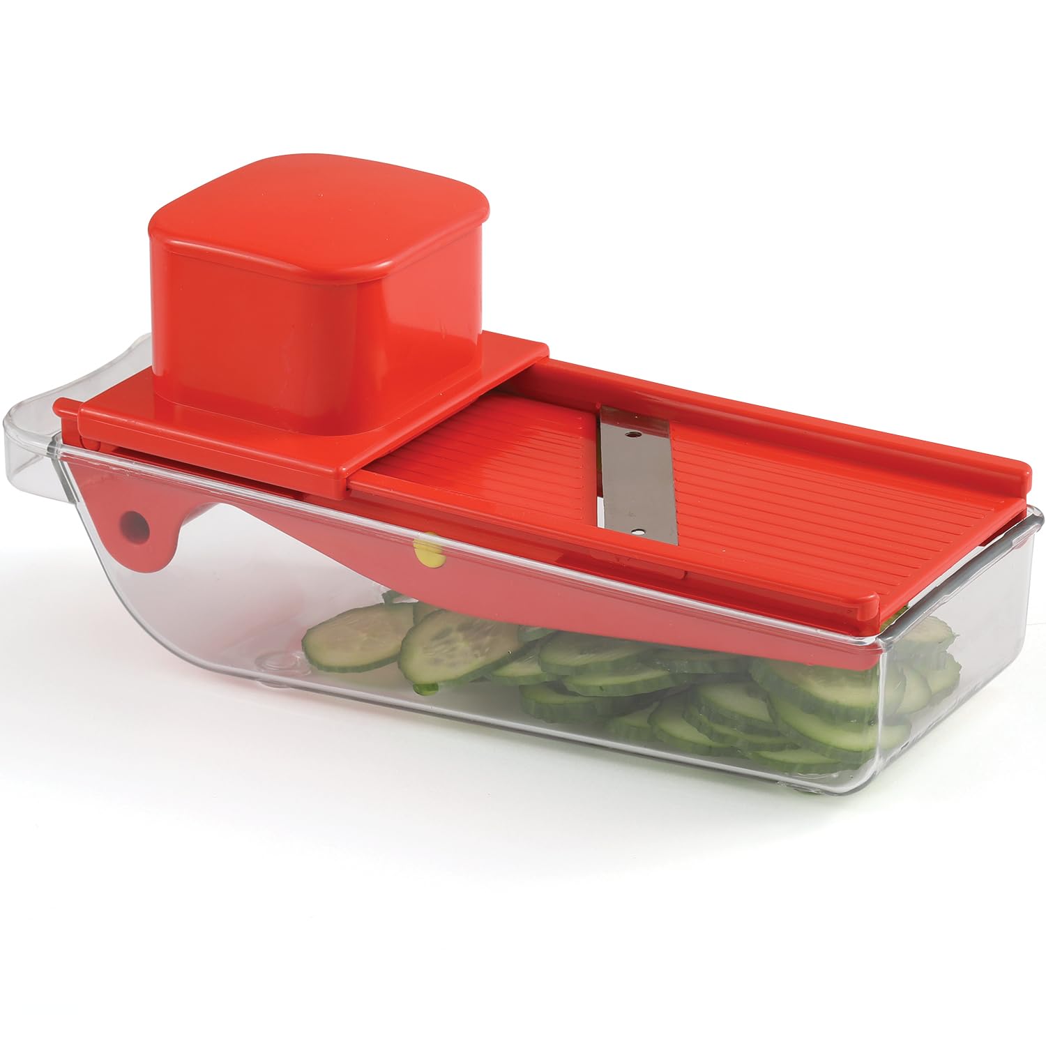 Photo 1 of Small Mandoline Slicer – Portable Vegetable Slicer for Kitchen, Travel, On The Go – Adjustable thickness mandoline Slicer Food Cutter with Container All-in-1 Compact Vegetable Chopper– with Bowl Red