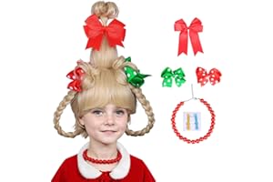FantaLook Long Braided Blonde Christmas Cosplay Wig with Red Bead Necklace and Red and Green Polka Dot Bows for Halloween Costume
