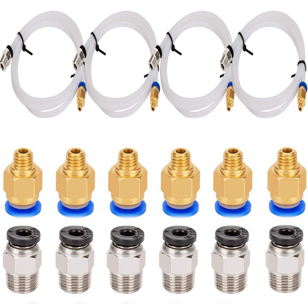 RUNCCI-YUN 4 Pieces Teflon Tube PTFE Tubing (1 Meter) with 6 Pieces PC4-M6 Fittings and 6 Pieces PC4-M10 Male Straight Pneumatic PTFE Tube Push Fitting Connector for 3D Printer 1.75mm Filament