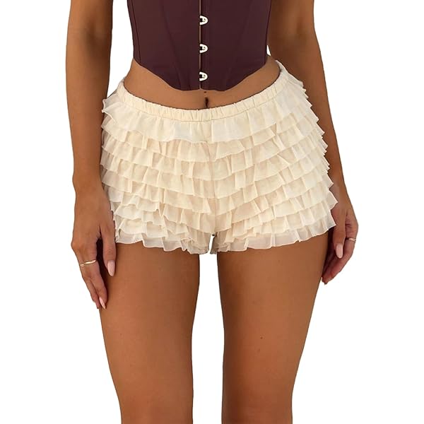 Womens Ruffle Shorts Y2k Trendy Elastic Waist Tulle Tutu Layered