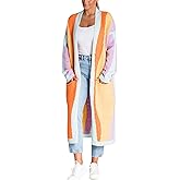 chouyatou Women's Fall Open Front Color Block Long Cardigan Sweater Coat Casual Vertical Striped Coatigan