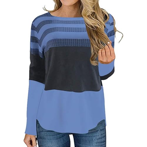 Chanyuhui Women's Pullover Long Sleeve Tops Autumn Striped Round Neck Knitting Tops Casual Pullover Sweater Shirt Blouse