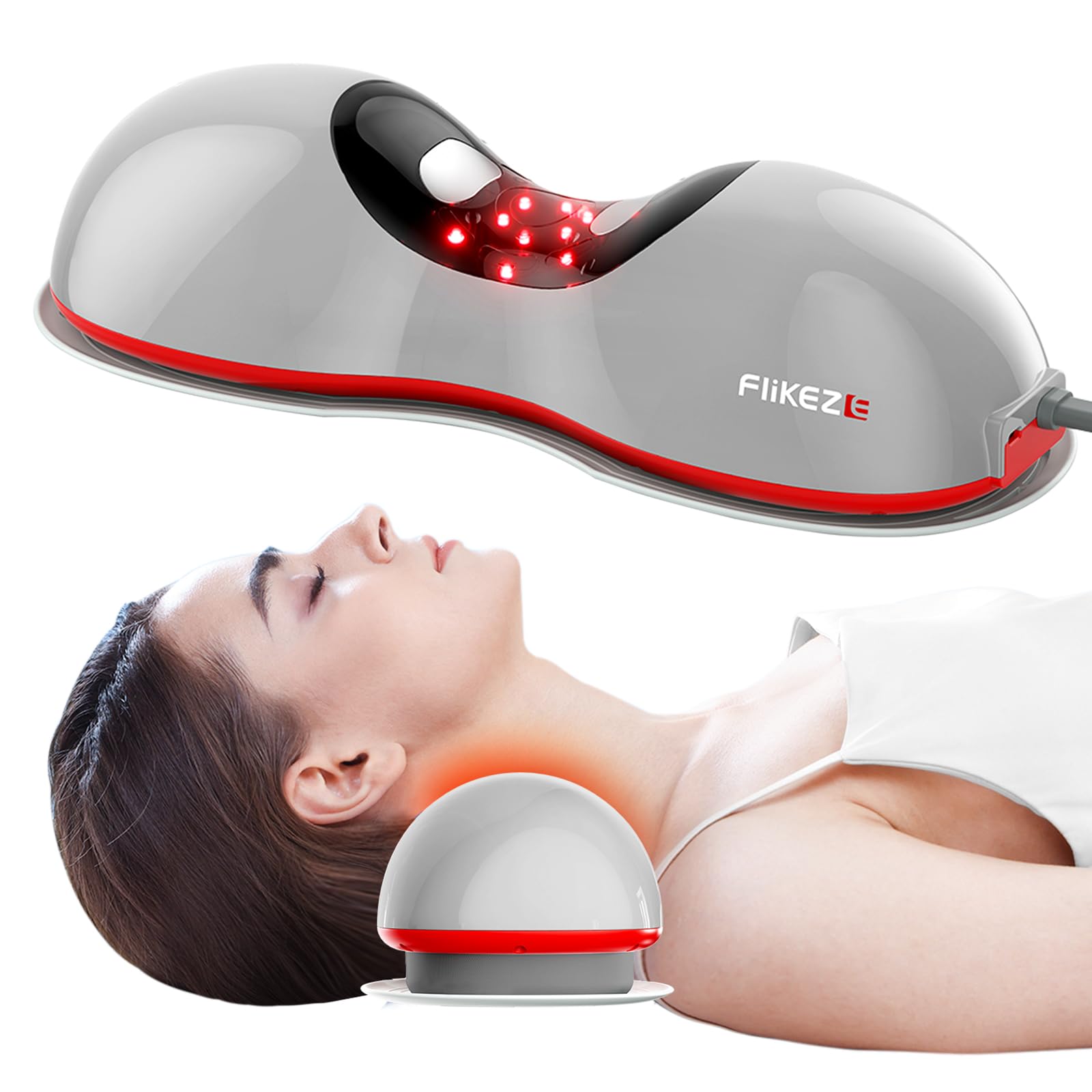 Photo 1 of FliKEZE Heated Neck Stretcher with Red Light Therapy, Wireless Cervical Traction Device for TMJ Pain Relief and Shoulder Relaxer, Neck Traction Massager Pillow for Home/Office Used, Grey