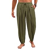Runcati Mens Casual Harem Pants Drawstring Elastic Waist Cotton Cropped Trousers Yoga Beach Lightweight Pants