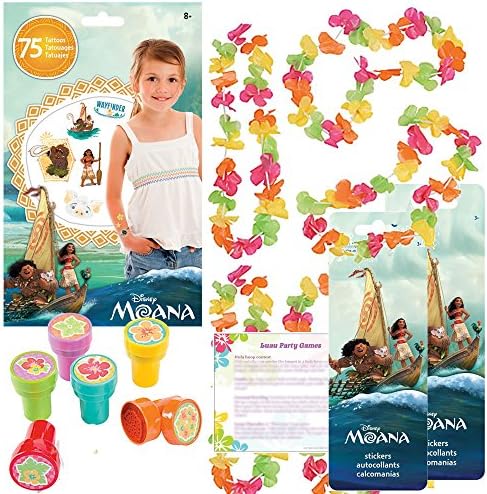 Moana Party Favors For 12 - Moana Sticker Sheets (12), Moana Tattoos (75), Luau Flower Stampers (12), Party Game Ideas and 12 Tropical Leis (Flower)