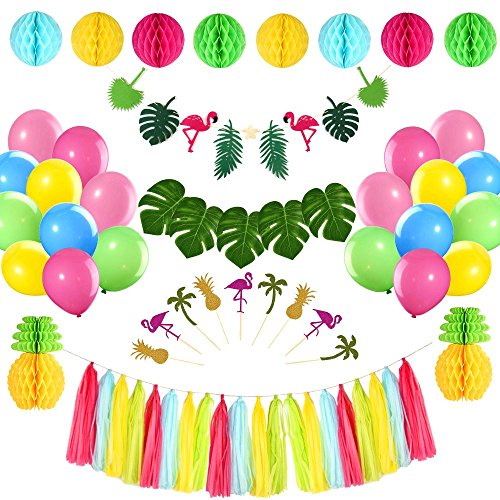 FEPITO Tropical Pink Flamingo Luau Hawaiian Party Decorations Kit Tropical Leaves Flamingo Banner Honeycomb Pineapple Ball for Jungle Beach Pool Moana Theme Summer Birthday Baby Shower Party Supplies