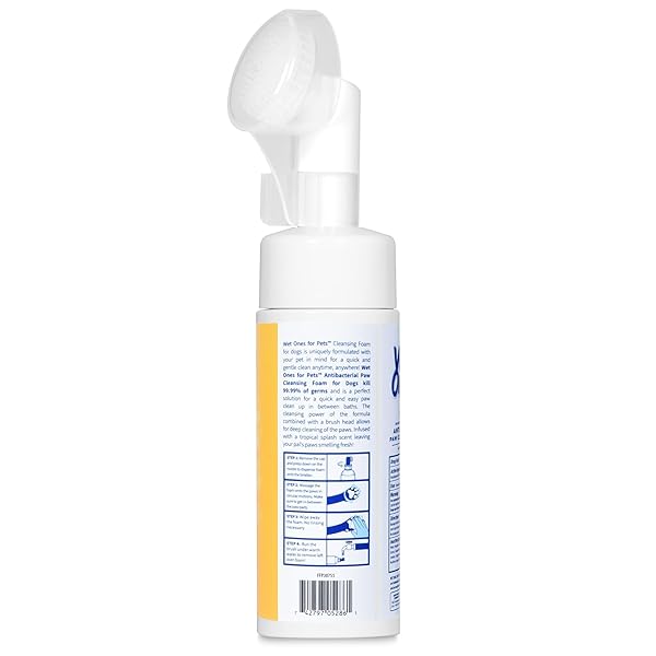 WET ONES FOR PETS ANTIBACTERIAL PAW CLEANER WITH BUILT-IN SCRUBBER BRUSH – FOAMING CLEANSER FOR DOG PAWS – WASHER & GROOMING CARE – CLEANING SUPPLIES – TROPICAL SPLASH SCENT 5 OZ