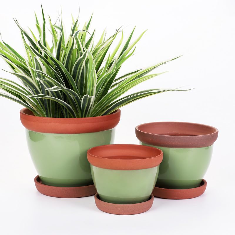 Photo 1 of Yishang Glazed Terracotta Pots with Saucers, Set of 3, 5", 6", and 7" Sizes, Ceramic Clay Planter Pots with Drainage Holes - Green