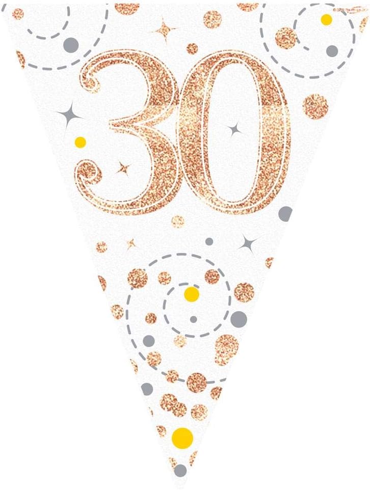 9ft Bunting Banner Pennant Flag Sparkling Fizz 30th Birthday White and Rose Gold Holographic, Silver,White